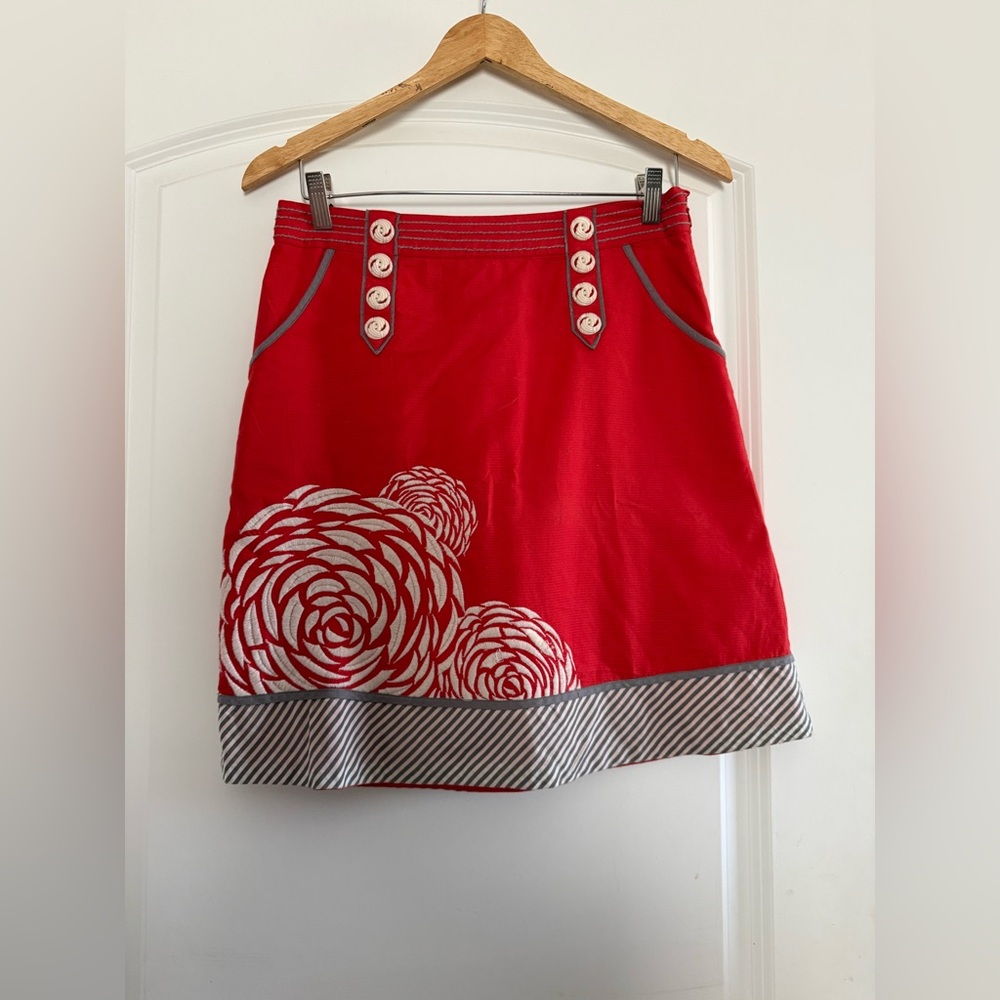 Floreat Anthropologie Red Floral Embroidered Skirt with Button Detail